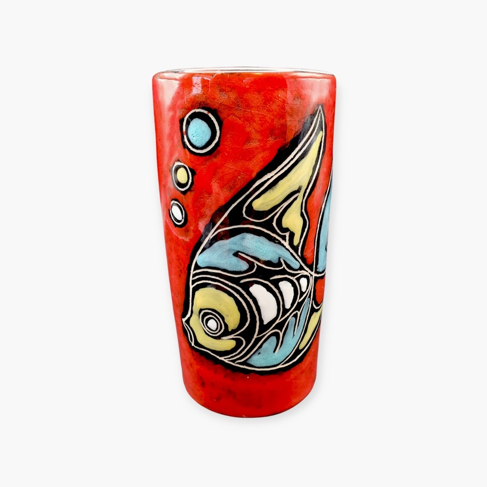 San Marino Ceramic Vase Red with Abstract Fish Motif.